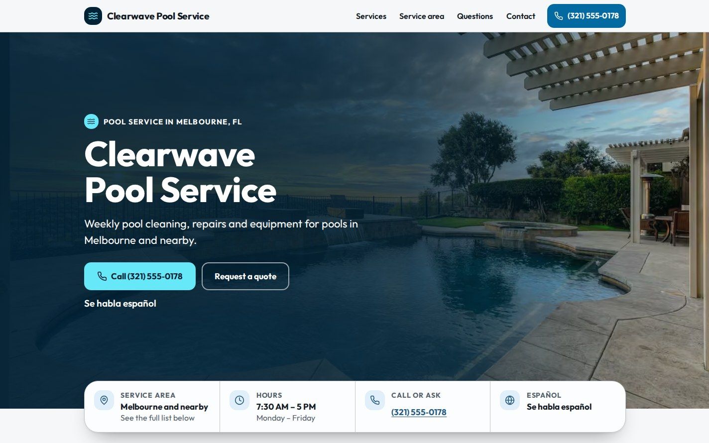 Sample website design for Clearwave Pool Service, a fictional pool service company, on a desktop screen