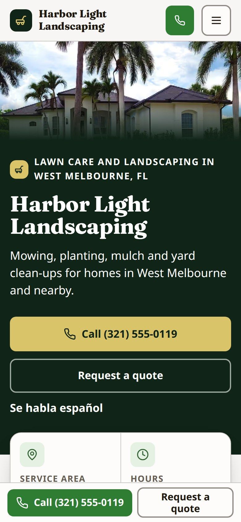 The same Harbor Light Landscaping sample design on a phone